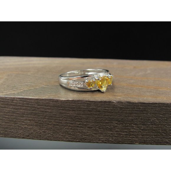 Size 6 Sterling Silver Triple Heart Citrine And Diamond Accent Band Ring Vintage - Picture 2 of 8